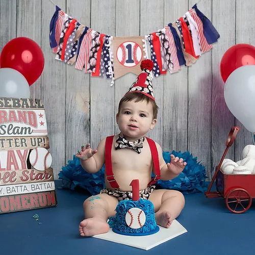 Vista 4 de Cartel de béisbol para silla alta de primer cumpleaños para niño