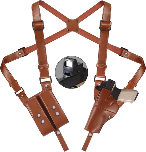 Vista 9 de Funda de Hombro para Transporte Oculto, Yigerlee Funda de Pistola Ajustable Vertical con Doble Funda para Cargadores, Hecha de Cuero de Microfibra