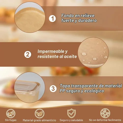 Vista 4 de Paquete de 50 recipientes de cartón compostables de 25 onzas con tapas, papel kraft desechable, almacenamiento para microondas y congelador, seguro