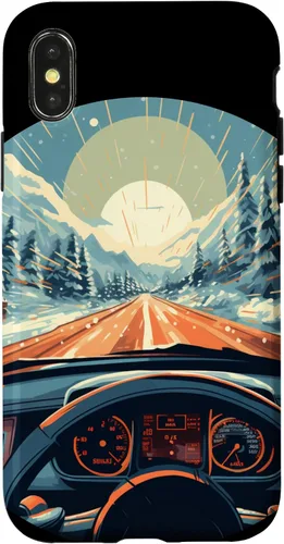 Vista 4 de iPhone 14 divertido operador de coche con puesta de sol y volante en caso de invierno