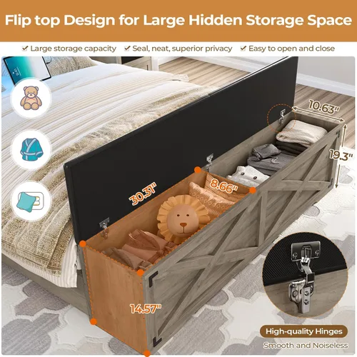 Vista 6 de DICTAC - Base de cama estilo granja tamaño Queen con cabecera de almacenamiento y estación de carga, base de cama de plataforma de madera
