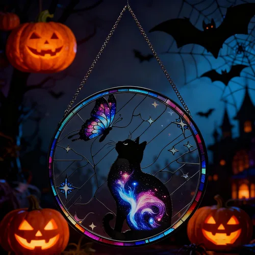 Vista 6 de Colgante de Vidrio Emplomado de Gato Negro para Ventana, 9.8'' Gato Negro y Mariposa con Diseño de Nebulosa Atrapasol Decoración del Hogar