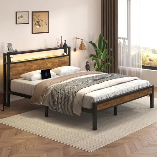 Vista 3 de E-Motie Base de cama de tamaño matrimonial con luces LED y estación de carga, cabecera de almacenamiento de madera con estantes de 2 niveles