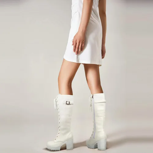 Vista 46 de Parisuit Botas góticas altas hasta la rodilla con hebilla de plataforma para mujer, tacón alto grueso, con cordones, botas de combate punk, con Negro