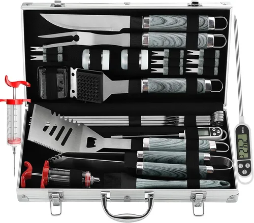 Vista 9 de Grilljoy Juego de 24 herramientas para parrilla de barbacoa con termómetro de carne e inyector, tenedor de acero inoxidable extragrueso, espátula