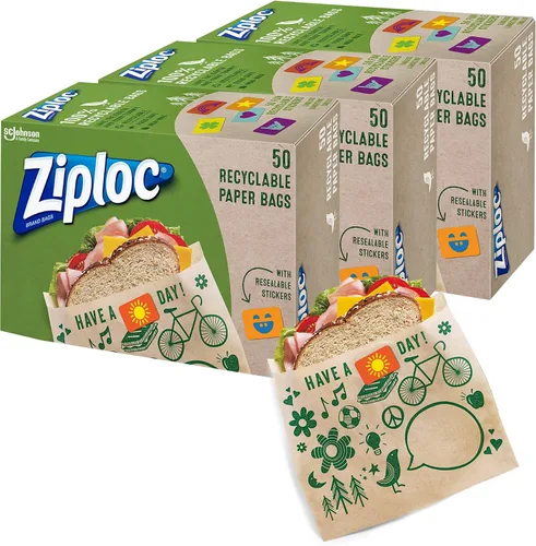 Vista 9 de Bolsas de papel para sándwiches y aperitivos Ziploc, reciclables y sellables con diseños divertidos, 50 bolsas en total