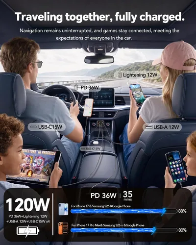 Vista 2 de EloBeth Cargador de coche retráctil de 120 W, cargador de coche 7 en 1 USB Cable gris-120W para Apple+Tipo C (actualizado)