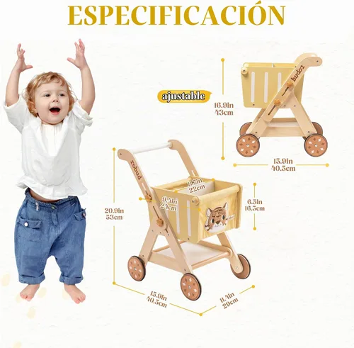 Vista 6 de ROBUD Cochecito de muñeca del andador del empuje del bebé, carro de compras Caminante de madera ajustable en altura para niños pequeños, aprendizaje