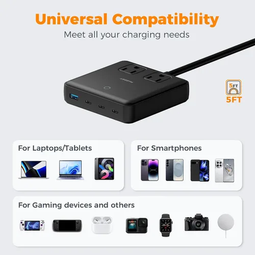 Vista 4 de Estación de carga TESSAN PD 100W para múltiples dispositivos, bloque de cargador USB C 6-en-1 compatible con iPhone 17/16, MacBook, base de carga