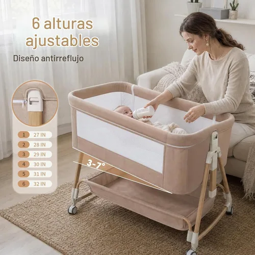 Vista 2 de Moisés de bebé, 3 en 1 moisés para bebé, cuna ajustable de 6 alturas con colchón, malla transpirable, ruedas universales con bloqueo, cesta de Caqui