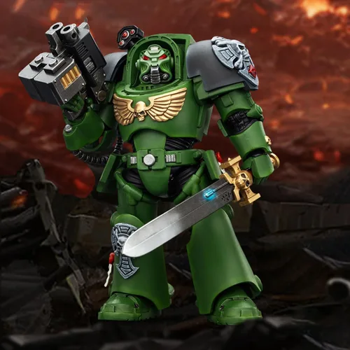 Vista 2 de JOYTOY Warhammer 40,000 1/18 Figura de acción Salamanders Terminator 1 con espada de poder y bolter de tormenta, modelo de colección de regalos