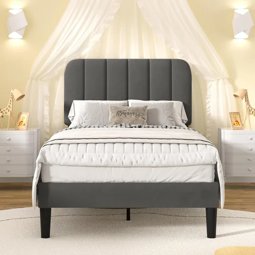 Vista 10 de VECELO Base de cama tapizada de tamaño matrimonial con 4 cajones y cabecero, plataforma de terciopelo, soporte de listones de madera, no necesita