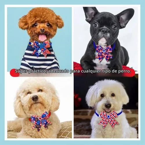 Vista 6 de 24 corbatines para perro del 4 de julio, pajarita para mascotas del Día de la Independencia, collar de rayas de estrellas ajustable, pajarita
