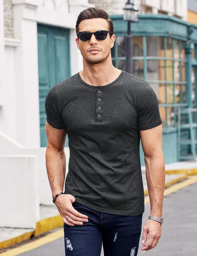 Vista 5 de COOFANDY Camisas Muscle Henley para hombre, paquete de 2 unidades, de manga corta, básicas, a la moda