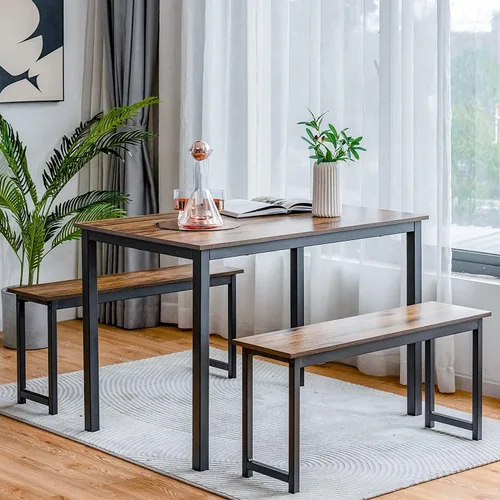 Vista 2 de LDAILY Moccha - Juego de mesa de comedor para 4, mesa de cocina con bancos, juego de comedor de madera de 43 pulgadas que ahorra espacio con marco