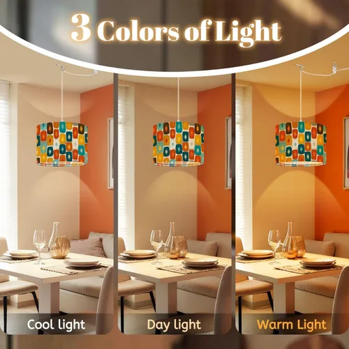 Vista 2 de Boho Plug in Pendant Light Mid Century Modern Art Abstract Geometric Seamless 16.4ft Plug in Cord Dimmable Hanging Lamp Fabric Lamp Shade Pendant