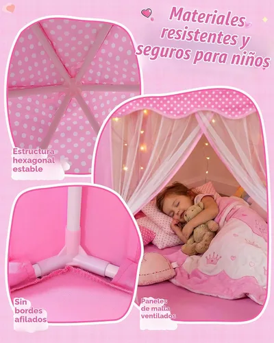 Vista 4 de wilwolfer Tienda de campaña tipo castillo de princesa para niñas, tienda de campaña hexagonal grande para jugar, casa de juegos con luces de Tienda