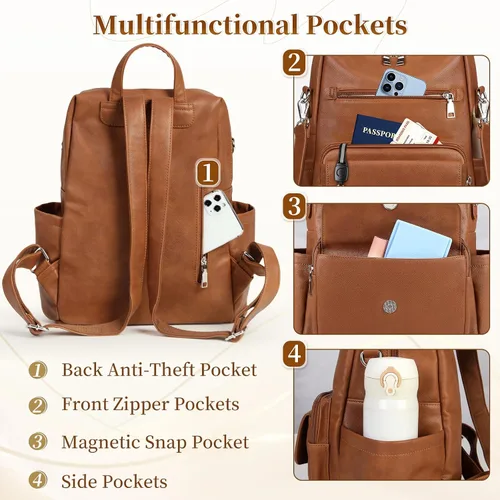Vista 3 de RAINSMORE Mochila convertible para mujer, de piel sintética, impermeable, a la moda, de 13.3 pulgadas, antirrobo, bolsa de hombro cruzada