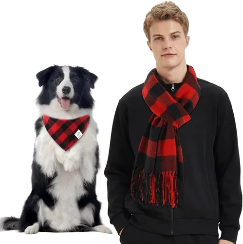 Vista 13 de E-Clover Bandanas navideñas para perros, bufanda a juego para el propietario, bufanda a cuadros para perro, baberos con bufandas de tartán, chal