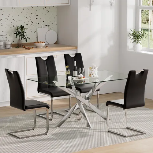 Vista 18 de Juego de mesa de comedor de cristal para 4, juego de mesa de cocina moderno de 5 piezas 52''Rectangular Glass Dining Set with 4 PU Leather
