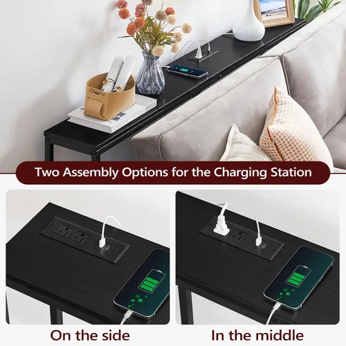Vista 3 de MAHANCRIS Mesa consola de 70.9 pulgadas con toma de corriente, mesa de sofá estrecha, mesa de entrada industrial con puertos USB, detrás del sofá