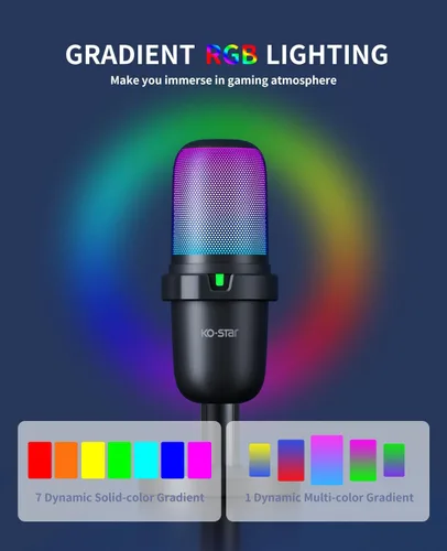 Vista 4 de Micrófono USB para juegos de transmisión, micrófono de escritorio de condensador de PC para video, uso doméstico, YouTube, con control RGB, perilla