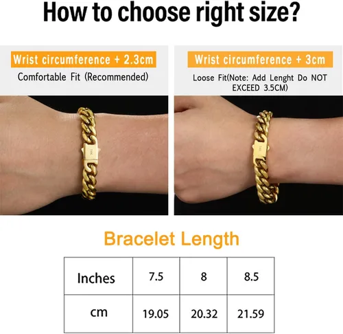 Vista 5 de Pulsera de cadena cubana Miami de 0.394 in y 0.472 in para hombres y mujeres, chapado en platino de 14 quilates, joyería de hip hop de acero