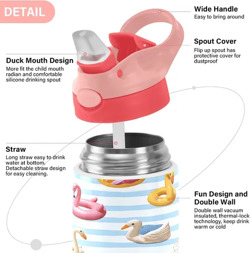 Vista 4 de ALAZA Flamingo Swan Circlen - Botellas de agua para niños con tapas y pajilla, botellas de agua de acero inoxidable con aislamiento de doble pared
