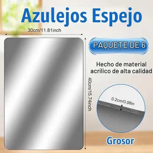 Vista 2 de Paquete de 6 azulejos de espejo acrílicos autoadhesivos, 12 x 16