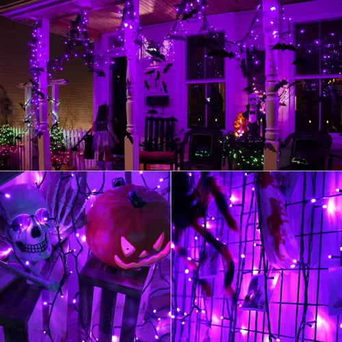 Vista 6 de ODEETRONIC Luces de Halloween moradas, 98.4 pies, 300 luces LED moradas, 8 modos de cadena de luces de Halloween conectables, luz de hadas