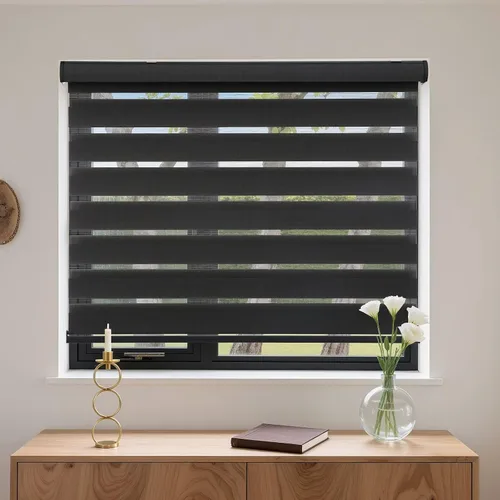 Vista 2 de MYshade Persianas sin cordones de cebra con función de parada libre, doble capa de filtrado de luz y privacidad para día y noche, persianas de Negro