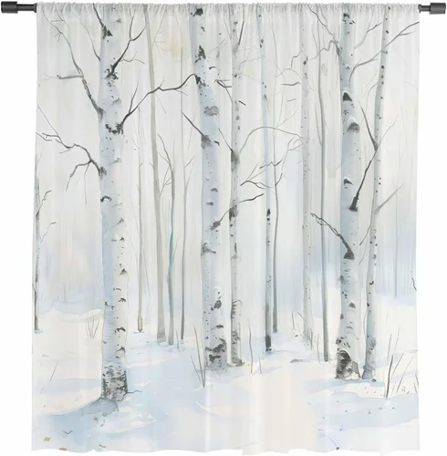Vista 2 de Cortinas semitransparentes de abedul blanco para sala de estar, dormitorio, puertas francesas, ventana de 63 pulgadas de largo, acuarela, invierno