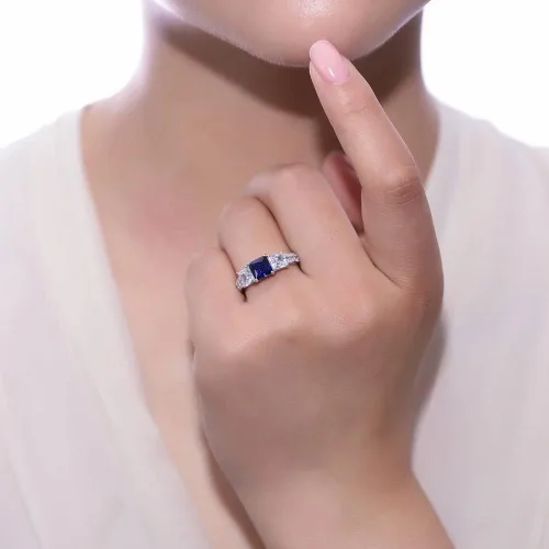 Vista 5 de BERRICLE Sterling Silver 3-Stone Wedding Engagement Promise Rings for Her, Stackable Band Ring Set for Women, Cubic Zirconia CZ - Sapphire-Blue