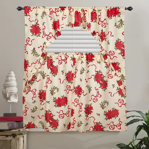 Vista 7 de Violet Linen Juego de cortinas de cocina de 3 piezas con estampado botánico botánico de Navidad
