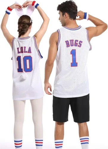 Vista 5 de Jersey de baloncesto para hombre, Lola#10 Bugs#1 camisetas de película espacial de los años 90 para HalloweenNavidad, deportes, hip hop, fiesta