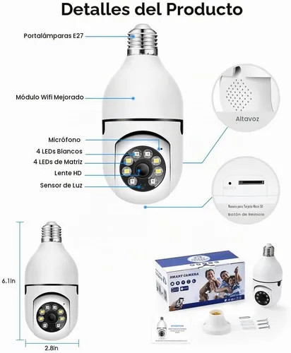Vista 8 de EVERSECU Cámara de seguridad PTZ de bombilla inalámbrica de 1080P 2.0MP con conector E27, seguimiento automático de movimiento, audio bidireccional