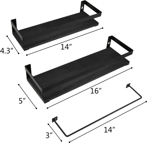 Vista 3 de Y&ME YM Estantes flotantes negros con toallero, juego de 2 estantes de baño para colgar en la pared, estantes decorativos flotantes de madera