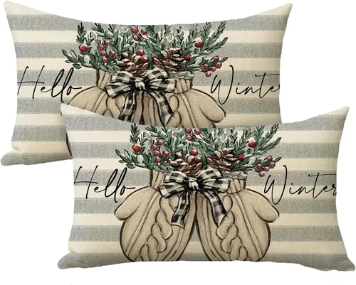 Vista 7 de Hello Winter Mitten - Funda de almohada decorativa gris de 16 x 16 pulgadas, guante, bayas rojas, rayas grises, porche, decoración del hogar al aire