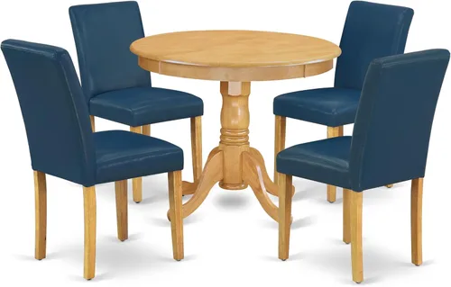 Vista 22 de East West Furniture ANAB3-AWA-05 - Juego de mesa de comedor moderno de 3 piezas, incluye una mesa de cocina redonda con pedestal y 2 sillas