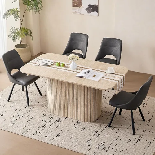 Vista 14 de Juego de 4 mesas de comedor grandes de 63 pulgadas para 4, esquinas redondeadas, mesa de cocina rectangular moderna de madera con sillas Boucle