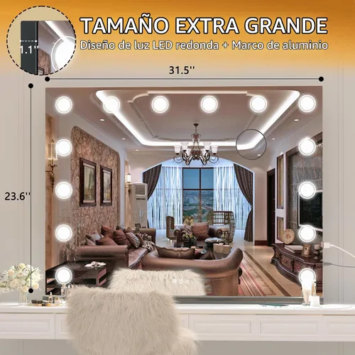 Vista 3 de Hasipu Espejo de tocador con luces, espejo de maquillaje de 32 x 24 pulgadas, espejo iluminado con 14 luces LED regulables y aumento de 10X, 3 modos