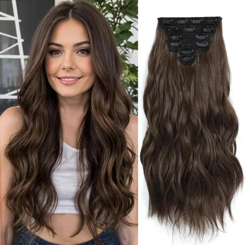 Vista 27 de Extensiones de cabello con clip para mujer, mezcla negra oscura con reflejos marrón claro, 20 pulgadas, 6 piezas, extensiones de cabello largo