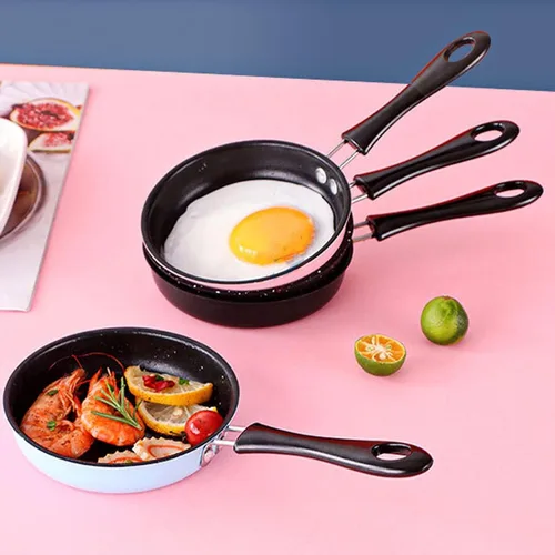 Vista 2 de Mini sartén, huevos de acero inoxidable, panqueques para evitar el palo, olla de inducción redonda para desayuno, sartén pequeña con mango largo