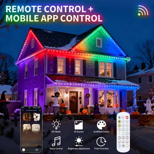 Vista 2 de Luces permanentes para exteriores de 100 pies con 50 LED, 16 millones de colores DIY RGB Christmas Lights, App/Remote Control, 33 Scene Modes, 216