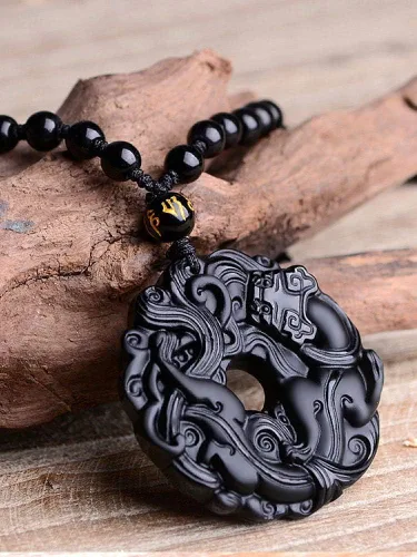 Vista 4 de Collar de amuleto de paz, de obsidiana natural, con cadena de cuentas ajustable para hombres y hombres
