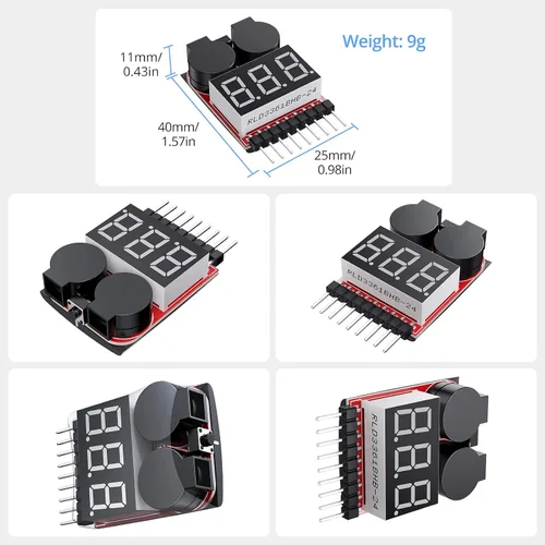 Vista 6 de CAMWAY Probador de voltaje de batería Lipo, 5 unidades, 2 en 1, 1-8s, alarma de zumbador de bajo voltaje, probador de monitor de batería para 1-8s