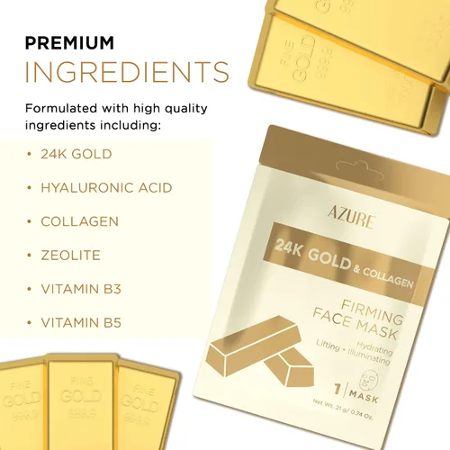 Vista 2 de Azure Cosmetics Máscara Facial Reafirmante de Oro de 24 Quilates - Antienvejecimiento, Hidratante, Tonificante y Reafirmante - Hoja Facial - Ayuda a
