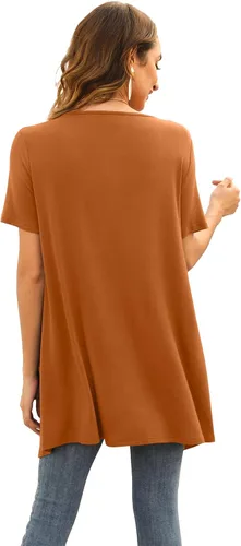 Vista 4 de Cárdigan floral de manga corta para mujer, casual, drapeado, frente abierto, ligero, cárdigan de verano con bolsillo, dobladillo alto y bajo