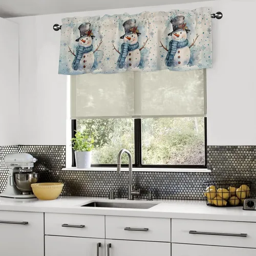 Vista 3 de Cortinas de cocina con muñeco de nieve azul para ventana de baño de cocina