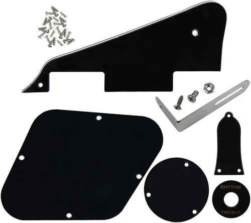 Vista 12 de FLEOR Juego de tornillos de placa trasera de golpeador de 1 capa, anillo de interruptor y soporte, ajuste LP Style Guitar Pickguard Reemplazo negro
